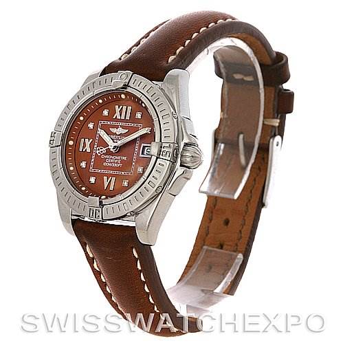 The image shows a Breitling Women's Stainless Steel Brown Dial Women's Stainless Steel Brown Dial Cockpit Ladies Diamond Watch A71356, angled to display its face, bezel, and brown leather strap.