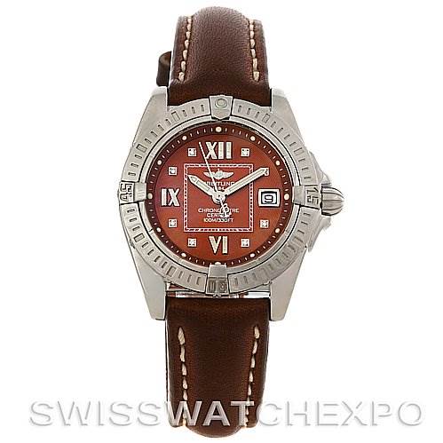 This image shows a front view of the Breitling Women's Stainless Steel Brown Dial Women's Stainless Steel Brown Dial Cockpit Ladies Diamond Watch A71356 model, displaying the watch face, bezel, and leather strap.