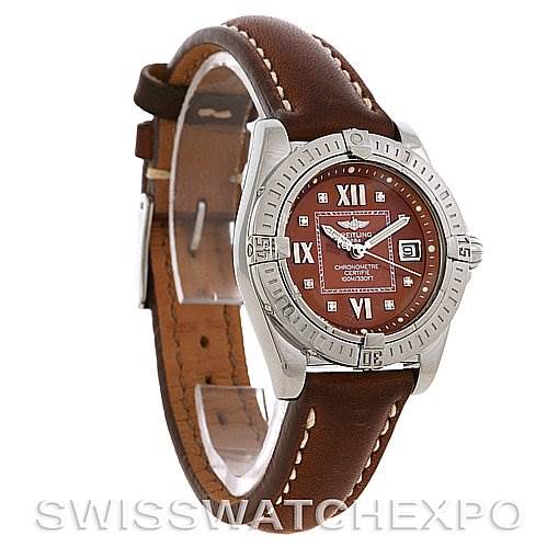 The Breitling Women's Stainless Steel Brown Dial Women's Stainless Steel Brown Dial Cockpit Ladies Diamond Watch A71356 is shown at an angle showcasing the front dial, bezel, and brown leather strap.