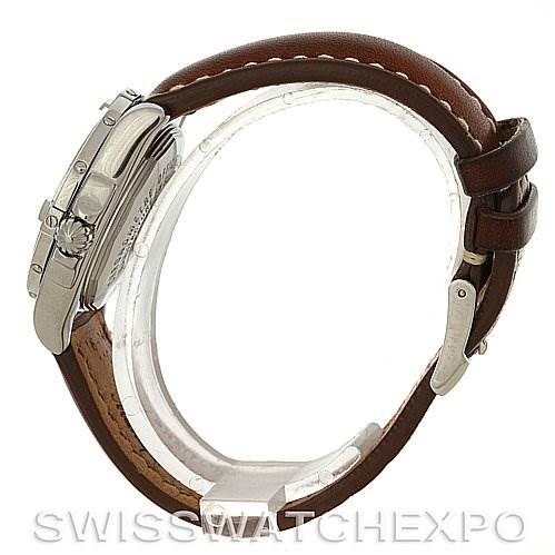 Side view of the Breitling Women's Stainless Steel Brown Dial Women's Stainless Steel Brown Dial Cockpit Ladies Diamond Watch A71356, showcasing the crown, bezel, and brown leather strap.