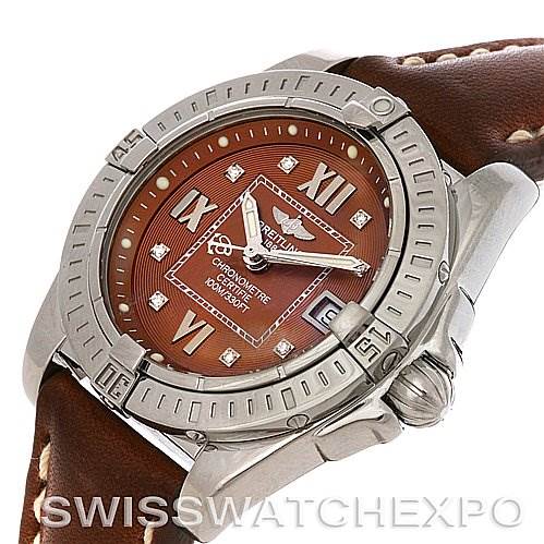 The image shows the face and part of the strap of a Breitling Women's Stainless Steel Brown Dial Women's Stainless Steel Brown Dial Cockpit Ladies Diamond Watch A71356, viewed at an angle.