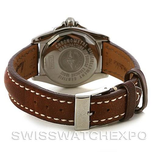 This image shows the back view of the Breitling Women's Stainless Steel Brown Dial Women's Stainless Steel Brown Dial Cockpit Ladies Diamond Watch A71356 with its brown leather strap and stainless steel clasp.