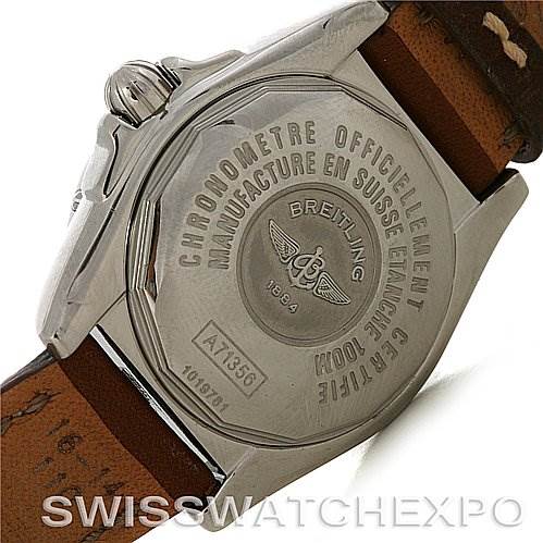 The image shows the back case of the Breitling Women's Stainless Steel Brown Dial Women's Stainless Steel Brown Dial Cockpit Ladies Diamond Watch A71356, displaying the detailed engravings and leather strap.