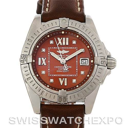 The image shows a Breitling Women's Stainless Steel Brown Dial Women's Stainless Steel Brown Dial Cockpit Ladies Diamond Watch A71356 from the front, displaying its face, bezel, and part of the leather strap.