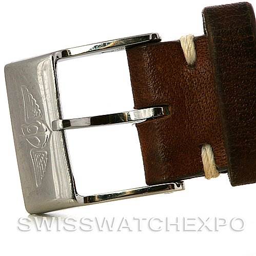 This image shows a close-up of the buckle and leather strap of a Breitling Women's Stainless Steel Brown Dial Women's Stainless Steel Brown Dial Cockpit Ladies Diamond Watch A71356.