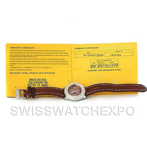 The image shows a Breitling Women's Stainless Steel Brown Dial Women's Stainless Steel Brown Dial Cockpit Ladies Diamond Watch A71356 with a brown leather strap, placed next to its warranty certificate.