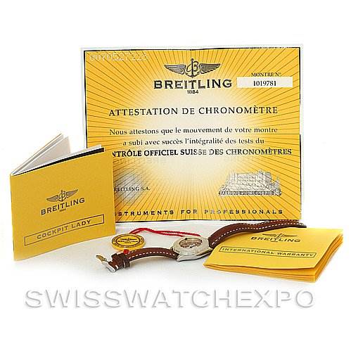 The image displays a Breitling Women's Stainless Steel Brown Dial Women's Stainless Steel Brown Dial Cockpit Ladies Diamond Watch A71356 model with its box, warranty cards, and instructional booklets.