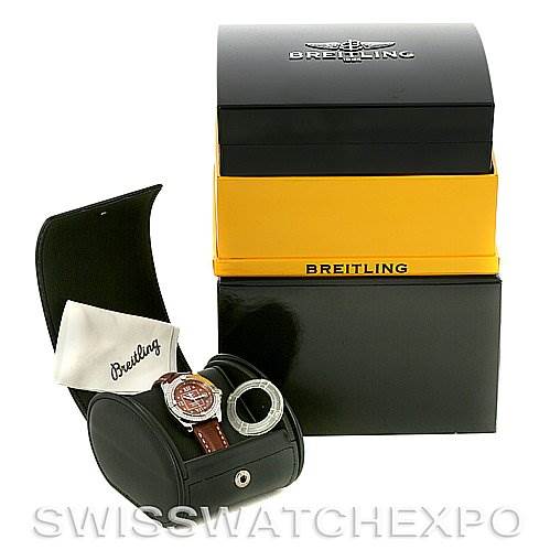 The image shows a Breitling Women's Stainless Steel Brown Dial Women's Stainless Steel Brown Dial Cockpit Ladies Diamond Watch A71356 in a case, with its box and a cleaning cloth.