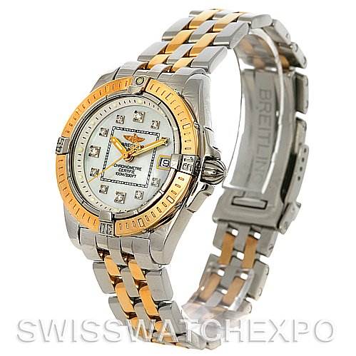 The image shows a Breitling D7135612 Women
s Stainless Steel Mother of Pearl Dial D7135612 Women
s Stainless Steel Mother of Pearl Dial Cockpit Ladies Diamond Watch D7135612 at a slight angle, displaying its face, bezel, and two-tone bracelet.