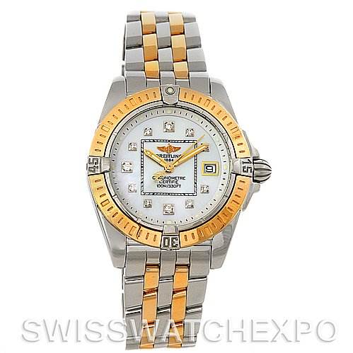 The image shows a front view of the Breitling D7135612 Women
s Stainless Steel Mother of Pearl Dial D7135612 Women
s Stainless Steel Mother of Pearl Dial Cockpit Ladies Diamond Watch D7135612, highlighting its bezel, dial, and bracelet.