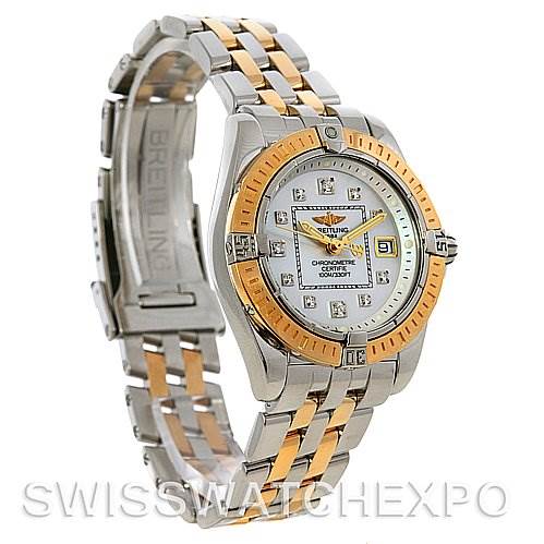 This Breitling D7135612 Women
s Stainless Steel Mother of Pearl Dial D7135612 Women
s Stainless Steel Mother of Pearl Dial Cockpit Ladies Diamond Watch D7135612 is shown at an angled view, displaying its dial, case, bezel, and bracelet.