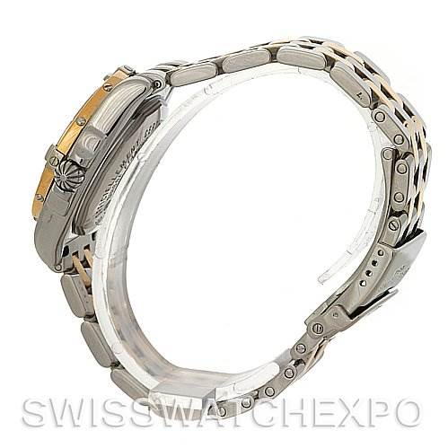 The image shows a Breitling D7135612 Women
s Stainless Steel Mother of Pearl Dial D7135612 Women
s Stainless Steel Mother of Pearl Dial Cockpit Ladies Diamond Watch model D7135612 from a side view, highlighting the bracelet and clasp.