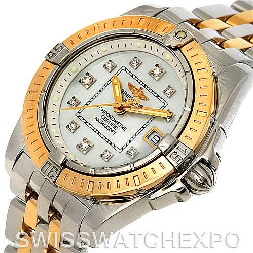 This image shows an angled view of the Breitling D7135612 Women
s Stainless Steel Mother of Pearl Dial D7135612 Women
s Stainless Steel Mother of Pearl Dial Cockpit Ladies Diamond Watch D7135612, highlighting the bezel, dial, and bracelet.