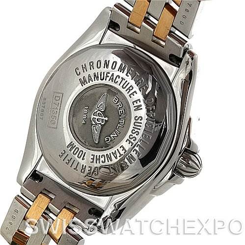 The image shows the case back and part of the bracelet of the Breitling D7135612 Women
s Stainless Steel Mother of Pearl Dial D7135612 Women
s Stainless Steel Mother of Pearl Dial Cockpit Ladies Diamond Watch D7135612 model.