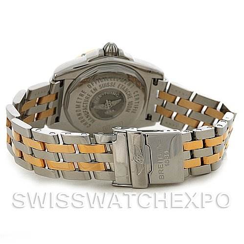 This image shows the back of the Breitling D7135612 Women
s Stainless Steel Mother of Pearl Dial D7135612 Women
s Stainless Steel Mother of Pearl Dial Cockpit Ladies Diamond Watch D7135612, focusing on the case back and metal bracelet.