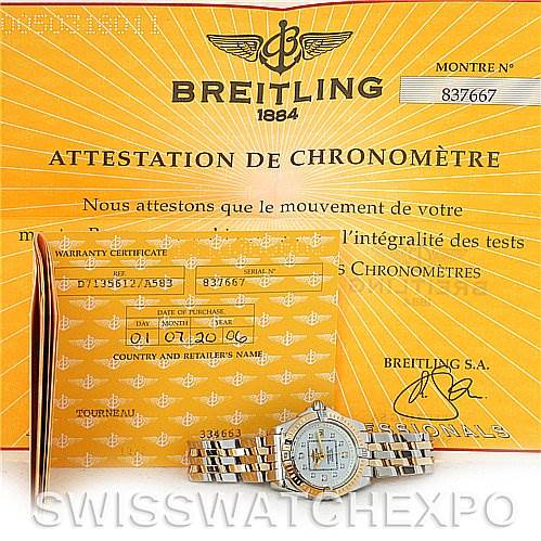 The image shows a Breitling D7135612 Women
s Stainless Steel Mother of Pearl Dial D7135612 Women
s Stainless Steel Mother of Pearl Dial Cockpit Ladies Diamond Watch model D7135612, displayed with its warranty certificate and chronometer certificate.