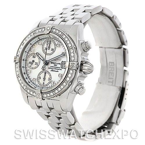 The image shows a side angle of the Breitling A13358 Women's Stainless Steel Mother of Pearl Dial A13358 Women's Stainless Steel Mother of Pearl Dial Ladies Windrider Cockpit MOP Diamond Watch A13358, displaying the watch face, bezel, and bracelet.