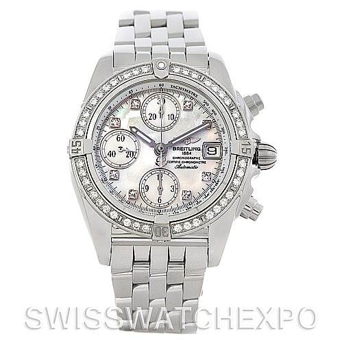 The image shows a front view of the Breitling A13358 Women's Stainless Steel Mother of Pearl Dial A13358 Women's Stainless Steel Mother of Pearl Dial Ladies Windrider Cockpit MOP Diamond Watch A13358, displaying its face and bracelet.
