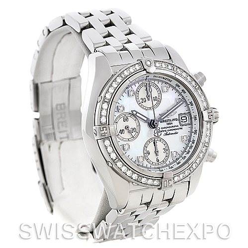 The image shows a front and side view of the Breitling A13358 Women's Stainless Steel Mother of Pearl Dial A13358 Women's Stainless Steel Mother of Pearl Dial Ladies Windrider Cockpit MOP Diamond Watch A13358, highlighting the bracelet, bezel, and dial.