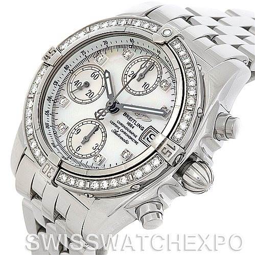 The image shows a front-side angle of the Breitling A13358 Women's Stainless Steel Mother of Pearl Dial A13358 Women's Stainless Steel Mother of Pearl Dial Ladies Windrider Cockpit MOP Diamond Watch A13358, highlighting its bezel, dial, and bracelet.