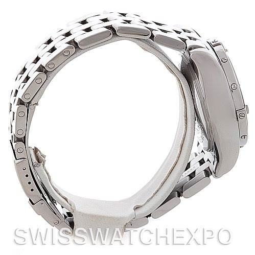 This image shows the side view of the Breitling A13358 Women's Stainless Steel Mother of Pearl Dial A13358 Women's Stainless Steel Mother of Pearl Dial Ladies Windrider Cockpit MOP Diamond Watch A13358, highlighting the band and case.