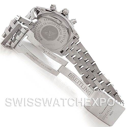 The image shows the back and bracelet of the Breitling A13358 Women's Stainless Steel Mother of Pearl Dial A13358 Women's Stainless Steel Mother of Pearl Dial Ladies Windrider Cockpit MOP Diamond Watch A13358 with the clasp opened.