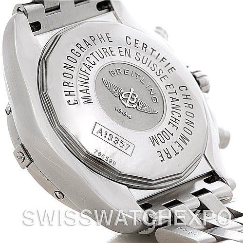 The image displays the back of the Ladies Windrider Cockpit MOP Diamond Watch A13358 model by Breitling A13358 Women's Stainless Steel Mother of Pearl Dial A13358 Women's Stainless Steel Mother of Pearl Dial, emphasizing the case back and bracelet details.