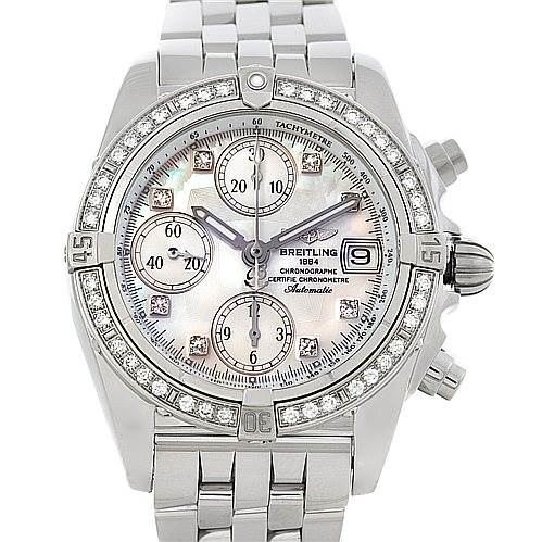 This image shows a front view of the Breitling A13358 Women's Stainless Steel Mother of Pearl Dial A13358 Women's Stainless Steel Mother of Pearl Dial Ladies Windrider Cockpit MOP Diamond Watch A13358, displaying the face and bracelet.