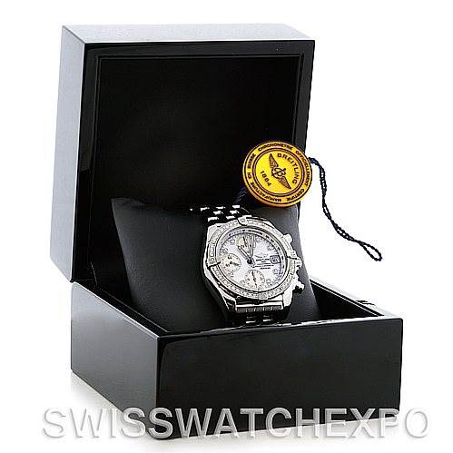 The image shows a Ladies Breitling A13358 Women's Stainless Steel Mother of Pearl Dial A13358 Women's Stainless Steel Mother of Pearl Dial Windrider Cockpit MOP Diamond Watch A13358 in an open black watch box, with a Breitling A13358 Women's Stainless Steel Mother of Pearl Dial A13358 Women's Stainless Steel Mother of Pearl Dial tag.