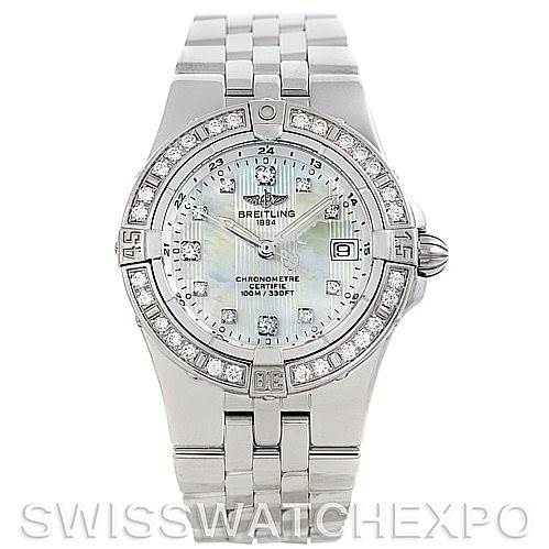 The image shows the front view of the Breitling A71340 Women's Stainless Steel Mother of Pearl Dial A71340 Women's Stainless Steel Mother of Pearl Dial Starliner Ladies MOP Diamond Watch A71340, highlighting its diamond bezel and bracelet.