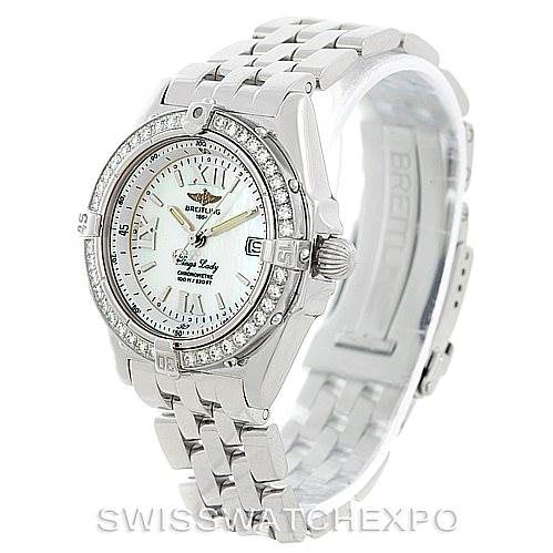 The image shows a Breitling Women's Stainless Steel Mother of Pearl Dial Women's Stainless Steel Mother of Pearl Dial Windrider Wings Ladies MOP Diamond Watch A67350 model at an angled side view, displaying the face, bezel, and bracelet.