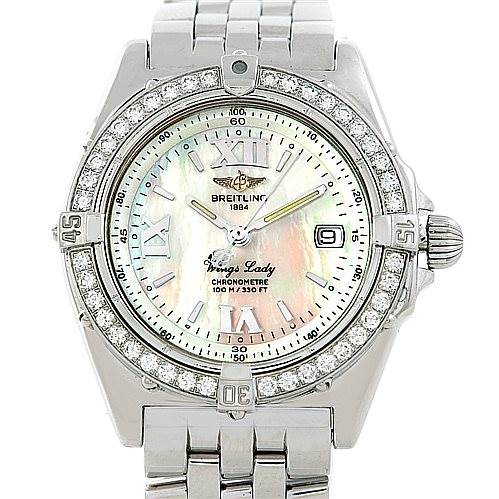 The image shows a front view of the Breitling Women's Stainless Steel Mother of Pearl Dial Women's Stainless Steel Mother of Pearl Dial Windrider Wings Ladies MOP Diamond Watch A67350 model, displaying its face, bezel, and bracelet.