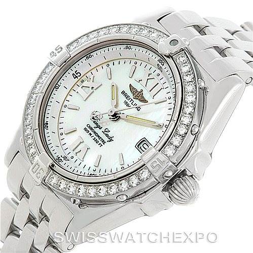 The image shows a front and slightly angled view of the Breitling Women's Stainless Steel Mother of Pearl Dial Women's Stainless Steel Mother of Pearl Dial Windrider Wings Ladies MOP Diamond Watch A67350, highlighting the face, bezel, and bracelet.