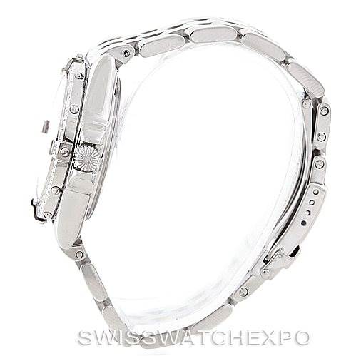 The image shows the side view of the Breitling Women's Stainless Steel Mother of Pearl Dial Women's Stainless Steel Mother of Pearl Dial Windrider Wings Ladies MOP Diamond Watch A67350, showcasing its band, case, and crown.