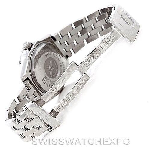 The image shows the rear view of a Breitling Women's Stainless Steel Mother of Pearl Dial Women's Stainless Steel Mother of Pearl Dial Windrider Wings Ladies MOP Diamond Watch A67350, highlighting its clasp and back case.