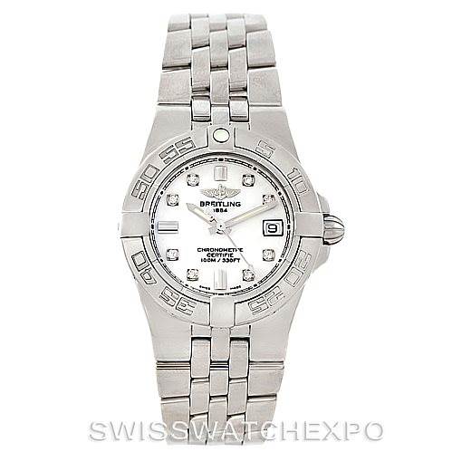 The image shows a front view of the Breitling A71340 Women's Stainless Steel White Dial A71340 Women's Stainless Steel White Dial Starliner Ladies Diamond Watch A71340, displaying its dial, bezel, and bracelet.