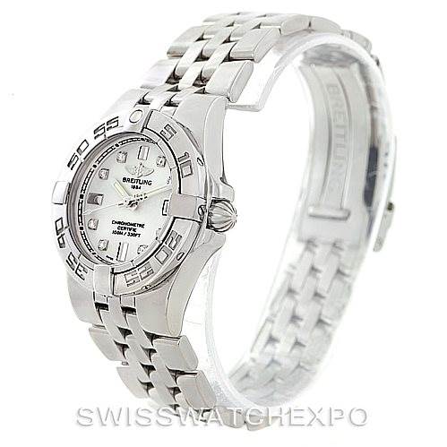 This Breitling A71340 Women's Stainless Steel White Dial A71340 Women's Stainless Steel White Dial Starliner Ladies Diamond Watch A71340 model is shown from a 3/4 front angle, highlighting the face, bezel, and bracelet.