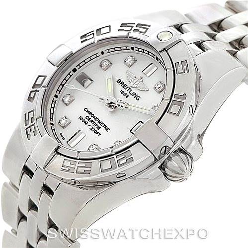 The image shows a close-up angle of the Breitling A71340 Women's Stainless Steel White Dial A71340 Women's Stainless Steel White Dial Starliner Ladies Diamond Watch A71340, highlighting the dial, bezel, and part of the bracelet.