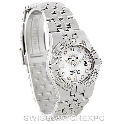 This image shows a Breitling A71340 Women's Stainless Steel White Dial A71340 Women's Stainless Steel White Dial Starliner Ladies Diamond Watch A71340, featuring the face, bezel, bracelet, and clasp at a three-quarter angle.