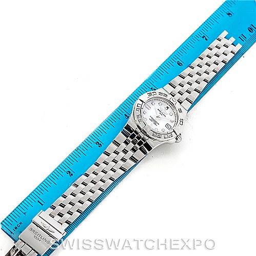 The image shows a top-down view of a Breitling A71340 Women's Stainless Steel White Dial A71340 Women's Stainless Steel White Dial Starliner Ladies Diamond Watch A71340, including its face and bracelet.