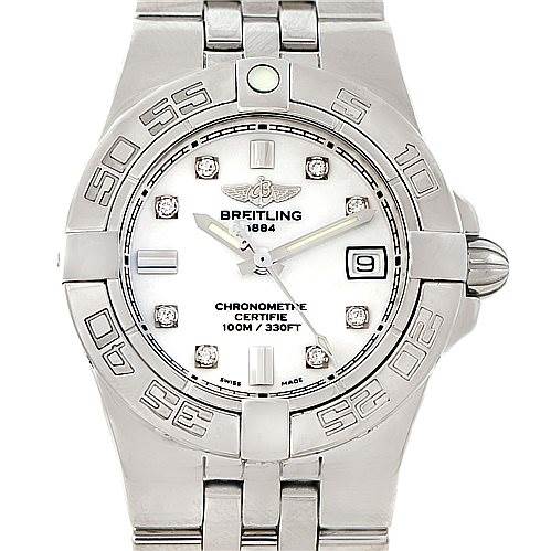 The image shows the face, bezel, and part of the bracelet of the Breitling A71340 Women's Stainless Steel White Dial A71340 Women's Stainless Steel White Dial Starliner Ladies Diamond Watch A71340.
