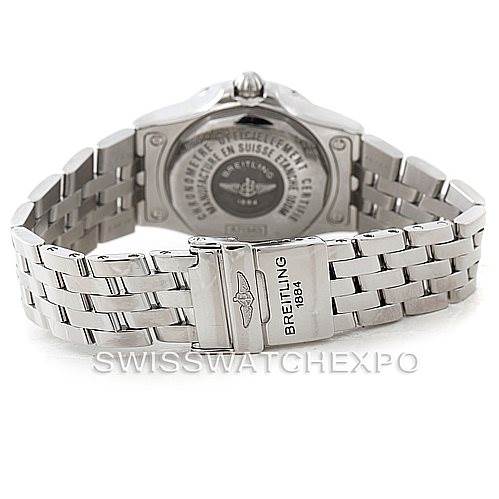 The image shows the back of the Breitling A71340 Women's Stainless Steel White Dial A71340 Women's Stainless Steel White Dial Starliner Ladies Diamond Watch A71340 and its stainless steel bracelet clasp.