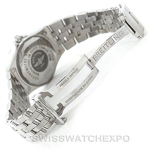 The image shows the clasp and stainless steel bracelet of a Breitling A71340 Women's Stainless Steel White Dial A71340 Women's Stainless Steel White Dial Starliner Ladies Diamond Watch A71340 model from a rear angle.