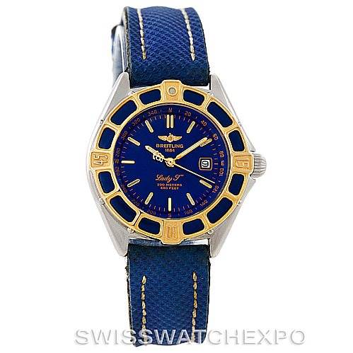This image shows a front view of the Breitling D52065 Women's Stainless Steel Blue Dial D52065 Women's Stainless Steel Blue Dial Lady J Stainless Steel 18K Yellow Gold Watch model D52065.