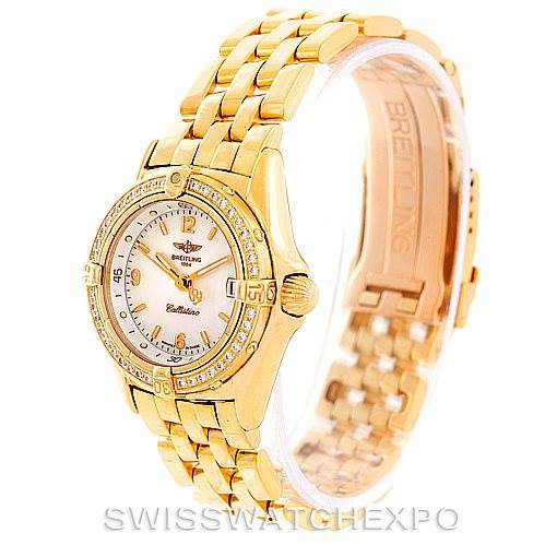 The Callistino Ladies 18K Yellow Gold Diamond Watch K52045 by Breitling K52045 Women's Yellow Gold Mother of Pearl Dial K52045 Women's Yellow Gold Mother of Pearl Dial is shown at a 3/4 angle, displaying the face, bezel, and band.
