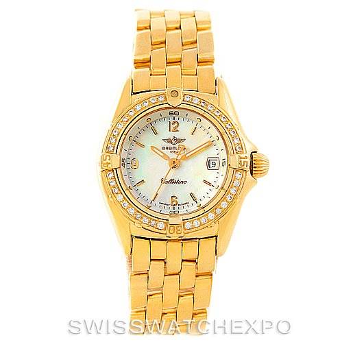 This is a front view of the Breitling K52045 Women's Yellow Gold Mother of Pearl Dial K52045 Women's Yellow Gold Mother of Pearl Dial Callistino Ladies 18K Yellow Gold Diamond Watch K52045, showing the face, bezel, and bracelet.