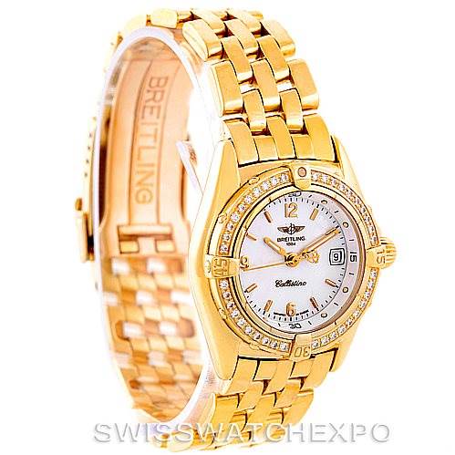 This image shows the Callistino Ladies 18K Yellow Gold Diamond Watch K52045 by Breitling K52045 Women's Yellow Gold Mother of Pearl Dial K52045 Women's Yellow Gold Mother of Pearl Dial at a three-quarter angle, highlighting the face and bracelet.
