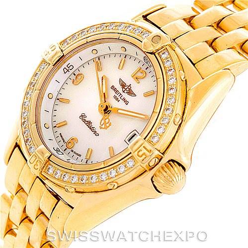 The image shows a Breitling K52045 Women's Yellow Gold Mother of Pearl Dial K52045 Women's Yellow Gold Mother of Pearl Dial Callistino Ladies 18K Yellow Gold Diamond Watch K52045 model at a three-quarter front angle, highlighting the dial and bracelet.