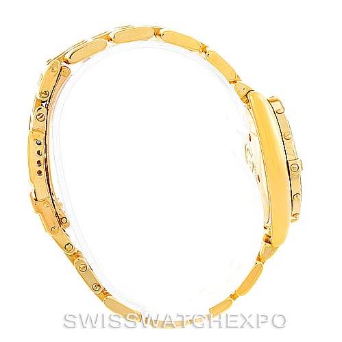The image shows a side view of the Breitling K52045 Women's Yellow Gold Mother of Pearl Dial K52045 Women's Yellow Gold Mother of Pearl Dial Callistino Ladies 18K Yellow Gold Diamond Watch K52045, highlighting the bracelet and casing.