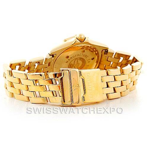 The image displays the backside and clasp of the Breitling K52045 Women's Yellow Gold Mother of Pearl Dial K52045 Women's Yellow Gold Mother of Pearl Dial Callistino Ladies 18K Yellow Gold Diamond Watch K52045, highlighting its bracelet and clasp details.